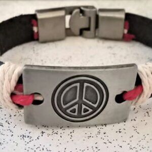 Hand-Woven Hemp Rope Peace Sign Leather Bracelet